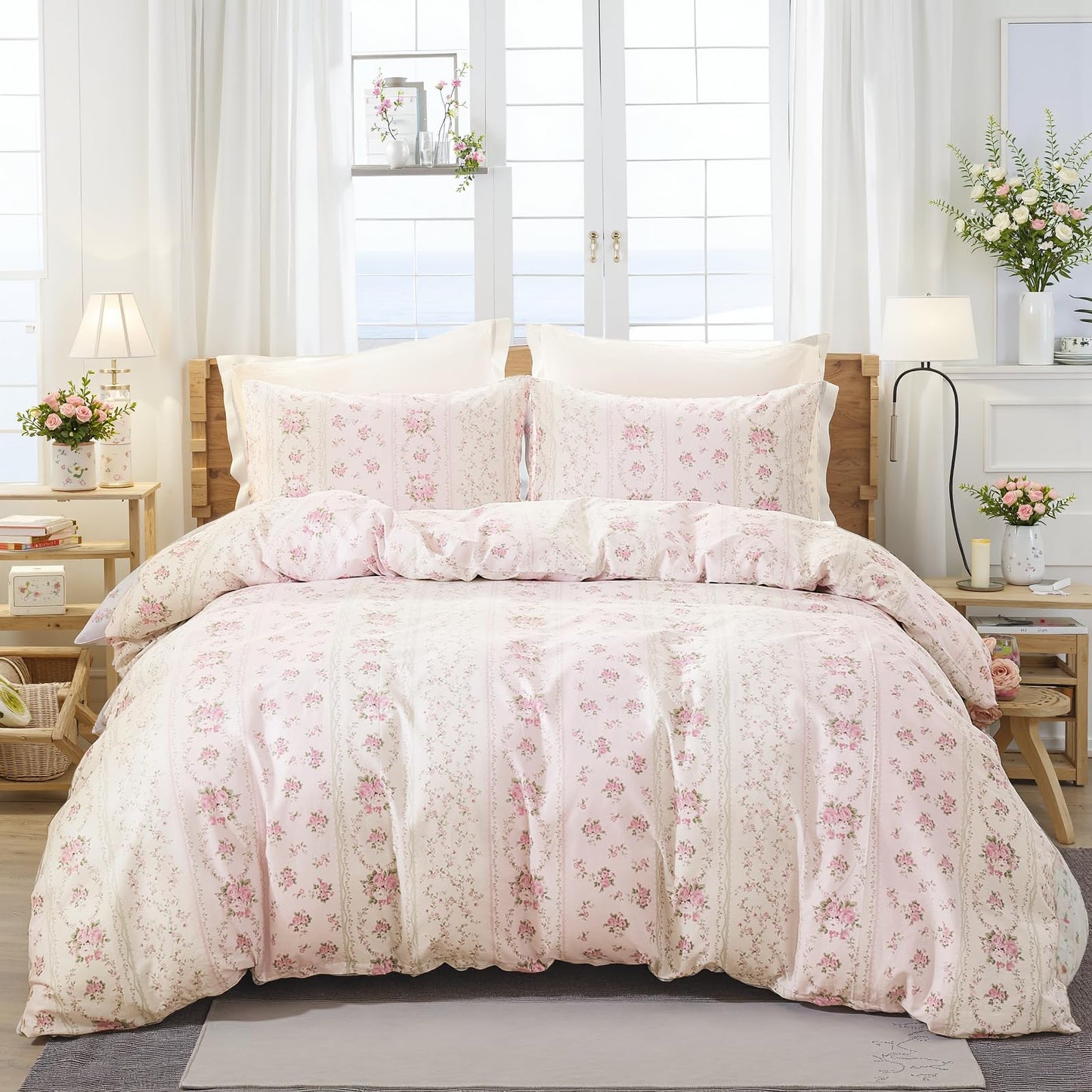 Cozaline Duvet Cover Queen Size - 100% Cotton Reversible Floral Duvet Cover Set with Zipper Closure, 3 Pieces Soft & Breathable Pink Aesthetic Bedding Set