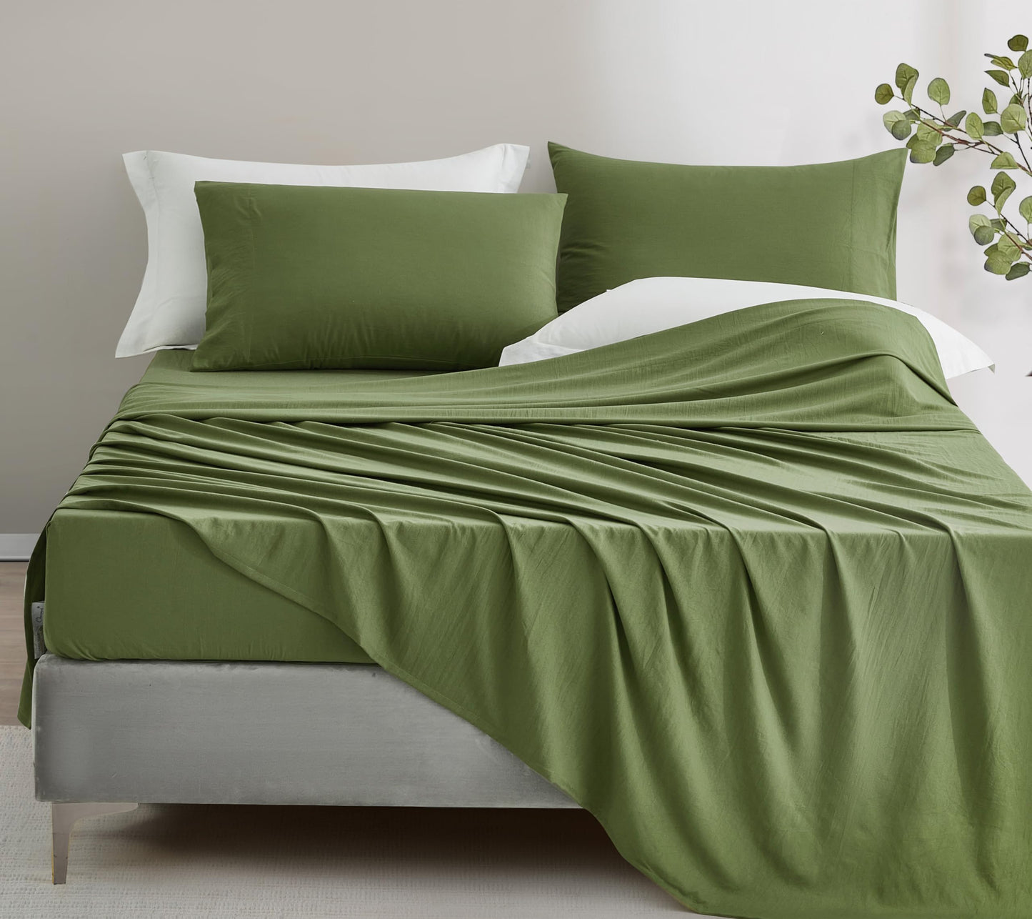 Chezmoi Collection Stone Washed Full Size Sheet Set - 4-Piece Extra Soft Breathable Wrinkle & Fade Resistant 14-Inches Deep Pocket Sheets & Pillowcases Set - Full, Olive Green