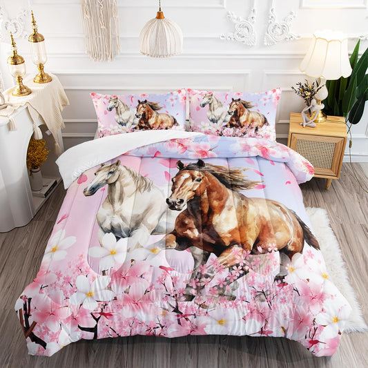 XYNHML Kid Horse Comforter Set Twin Room Floral Animal Theme Handsome Horse Chic Cherry Blossom Bedding Set 3D Wild Animal Decor Quilt Set for Girls Adult, 1 Comforter + 2 Pillowcases