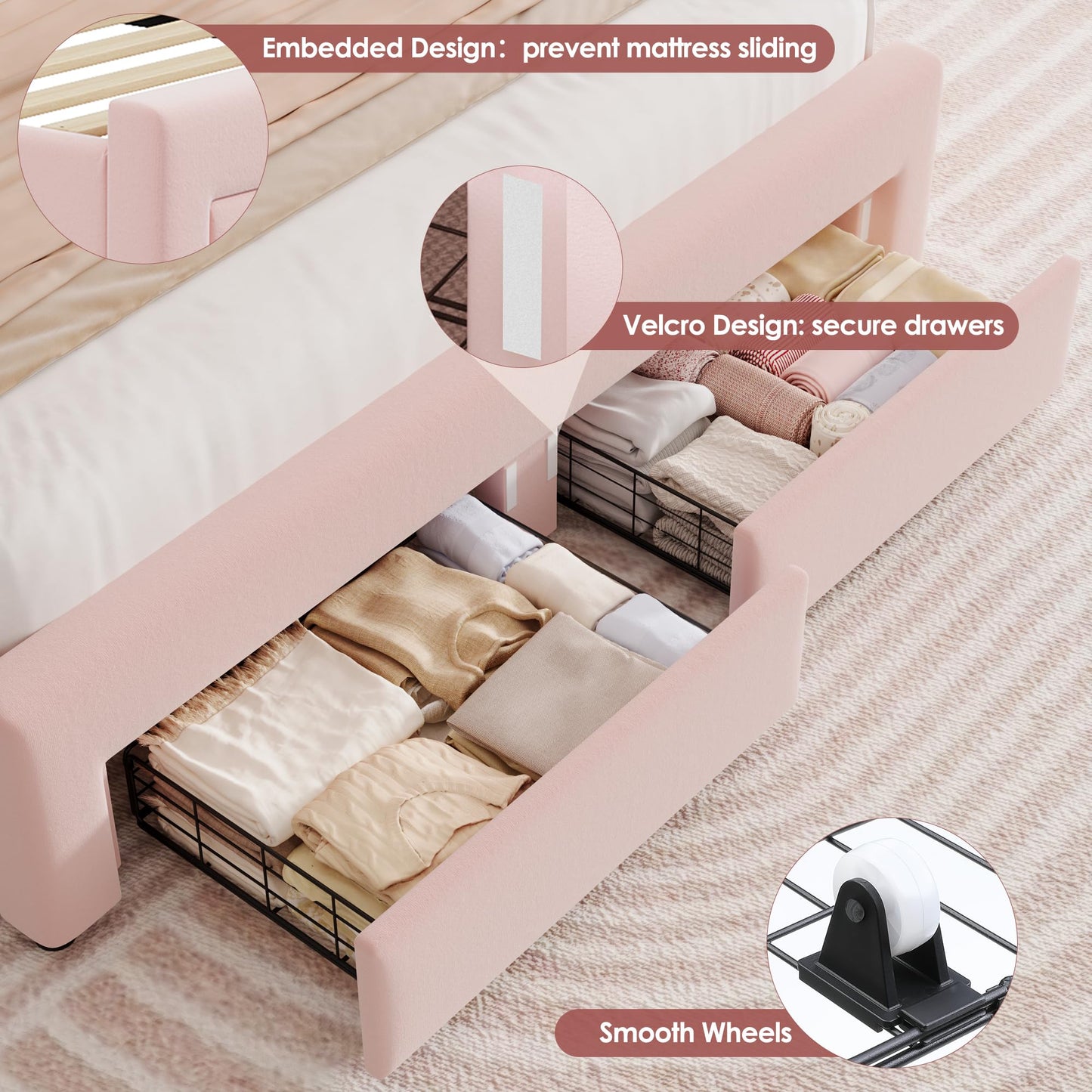 HIFIT Queen Upholstered LED Bed Frame with Charging Station and 2 Storage Drawers, Pink Velvet Princess Bed Frame for Girls, Camas Queen with Double Wavy Wingback Headboard, No Box Spring Needed