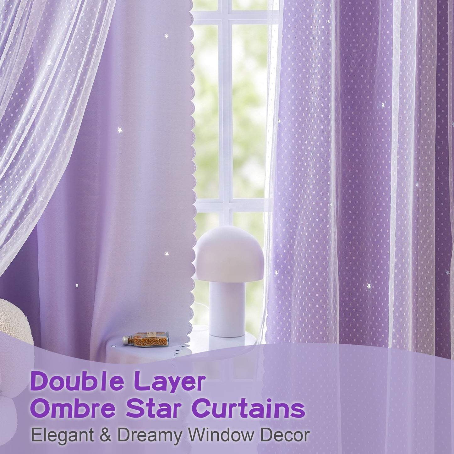 MYSKY HOME Kids Lilac Curtains for Girls Bedroom Decor 63 Inches Long Ombre for Kids Room Nursery, Thermal Insulated Blackout Star Cut Out Curtain Grommet Drapes, W52 x L63 Inches, 2 Panels
