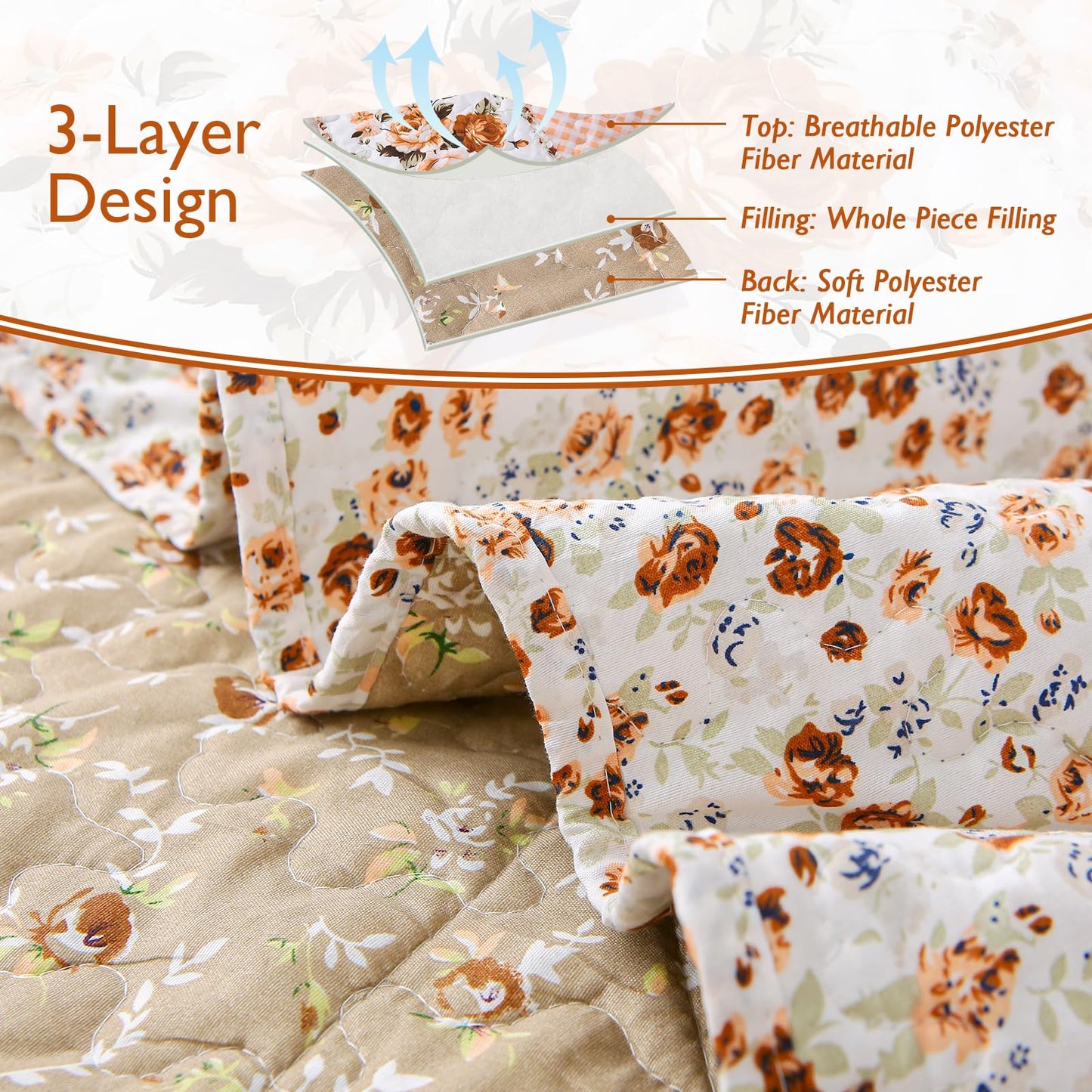 Yumhjika Patchwork Quilt Set Queen Size, 3 Pieces Floral Plaid Bedspreads Coverlet, Soft Microfiber Lightweight Bedding Set for All Season,Orange