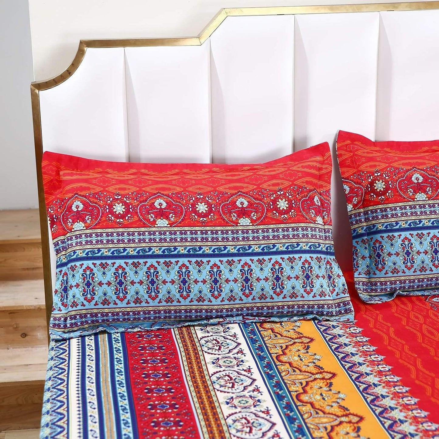 SDY 4 Pieces Boho Queen Sheet Set, Red Deep Pocket Queen Size Fitted Sheets, Microfiber Striped Soft Bohemian Sheet Set for Adult