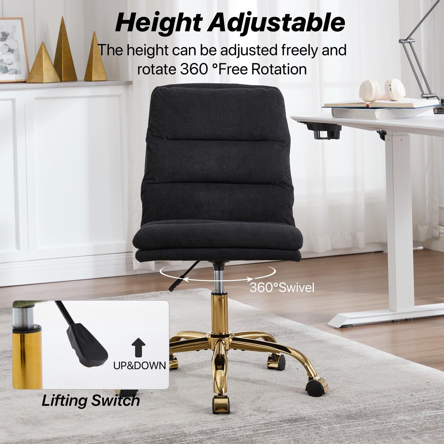 Gentlemoods Fabric Armless Home Office Chair, Modern Ergonomic Desk Chair High-Back Vanity Chair with Wheels, Height Adjustable Swivel Task Chair with Comfy Seat for Bedroom/Vanity/Desk(Black)