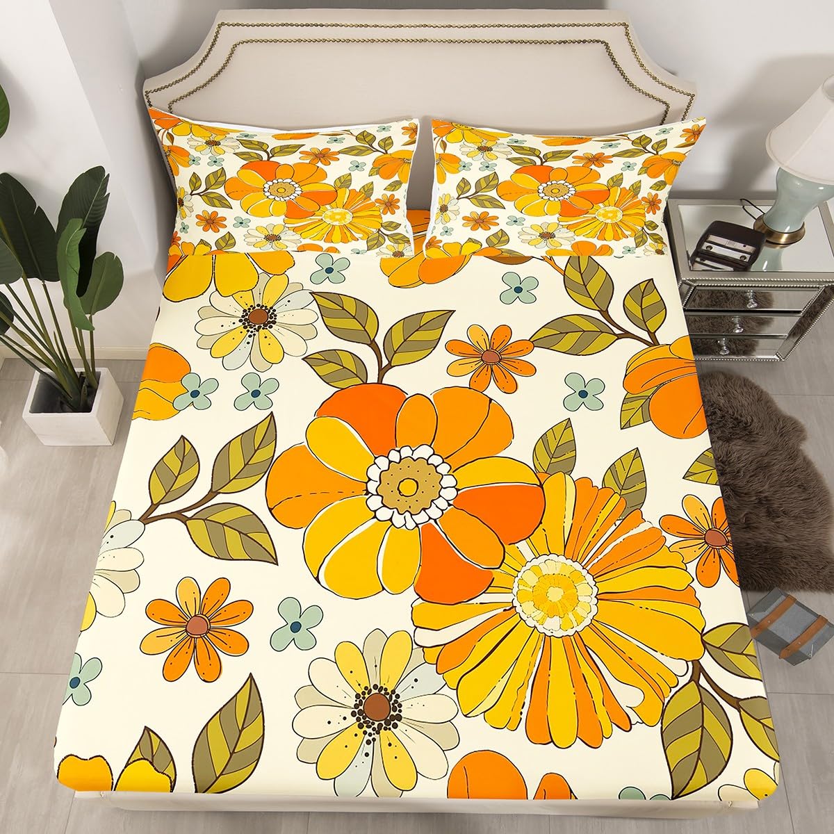 Castle Fairy Retro Flowers Full Fitted Sheet 4pcs,Watercolor Yellow Floral Green Leaves Plant Bed Sheet Set for Girls Teens Bedroom,70s Trippy Daisy Polyester Bedding Set with 1 Flat + 2 Pillowcases