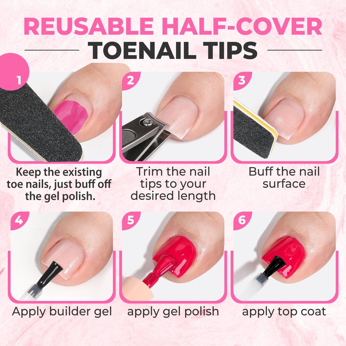 UNA GELLA Half Cover Square Toe Nail Tips For Big Wider Toe, 510Pcs 15Sizes Soft Gel Pre-etched Fake Toenails Press On Nails For Nail Extensions Home DIY Nail Salon