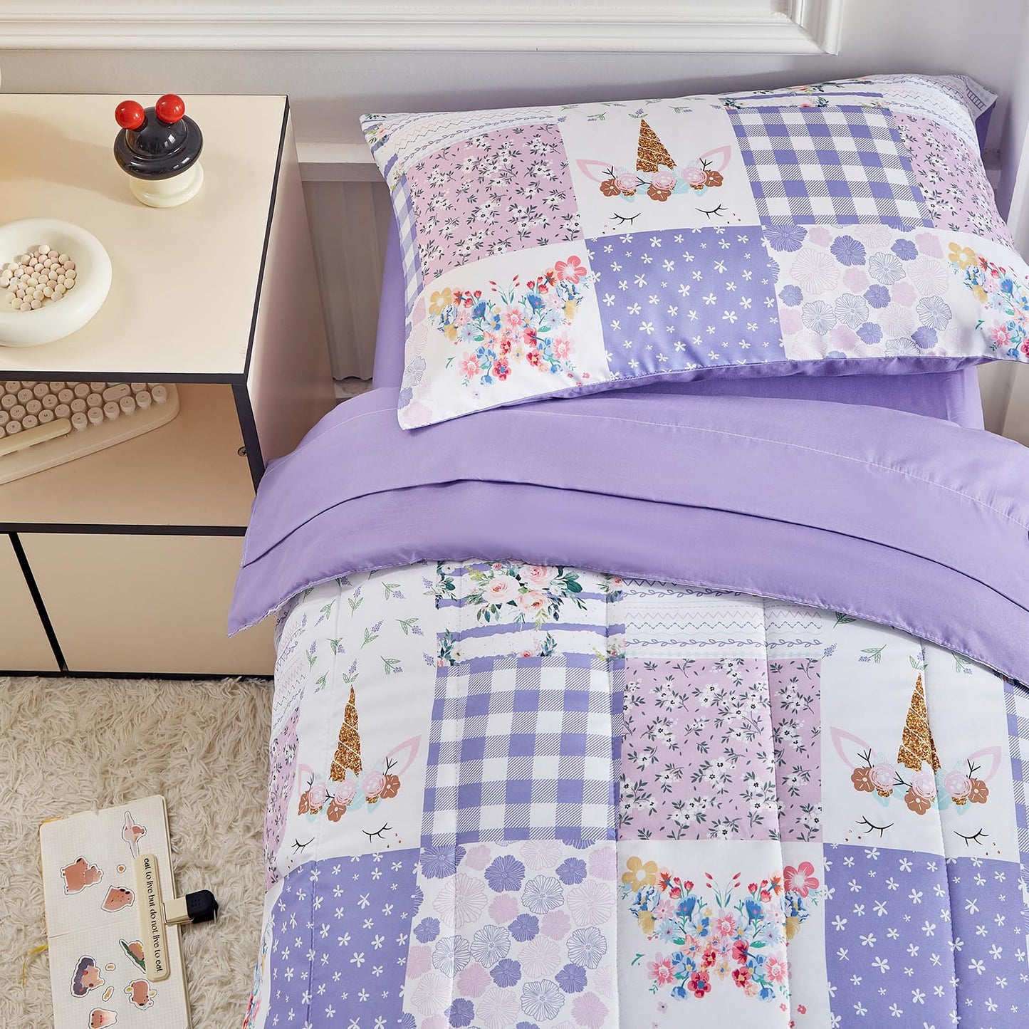 Joyreap 4 Piece Toddler Bedding Set- Purple Butterflies Flowers Patchwork Toddler Comforter Set, Includes Quilted Comforter, Fitted Sheet, Top Sheet, and Pillow Case