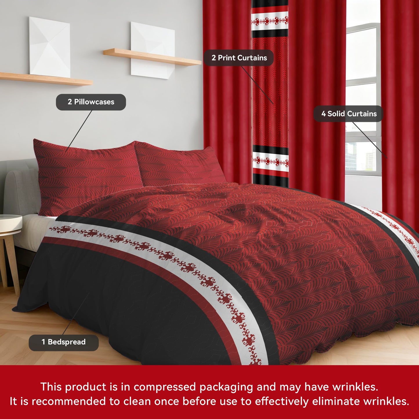 Deepsleep Queen Bedspread Set 9 Pieces, All Season Luxury Bed in a Bag for Bedroom, with 2 Pillowcases and 6 Curtains, Microfiber for Complete Bedroom Decor, Black and Red Stripes