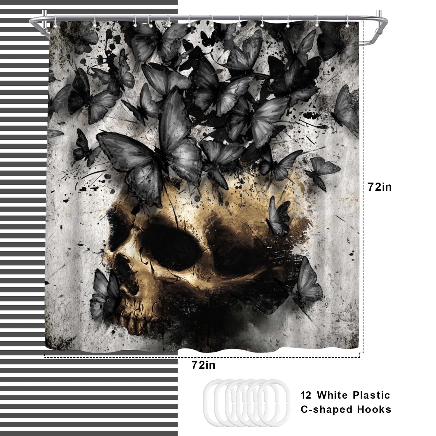 WELMECO Skull with Butterfly Shower Curtain Gothic Bathroom Decor Polyester Fabric, 72x72inch (Black)