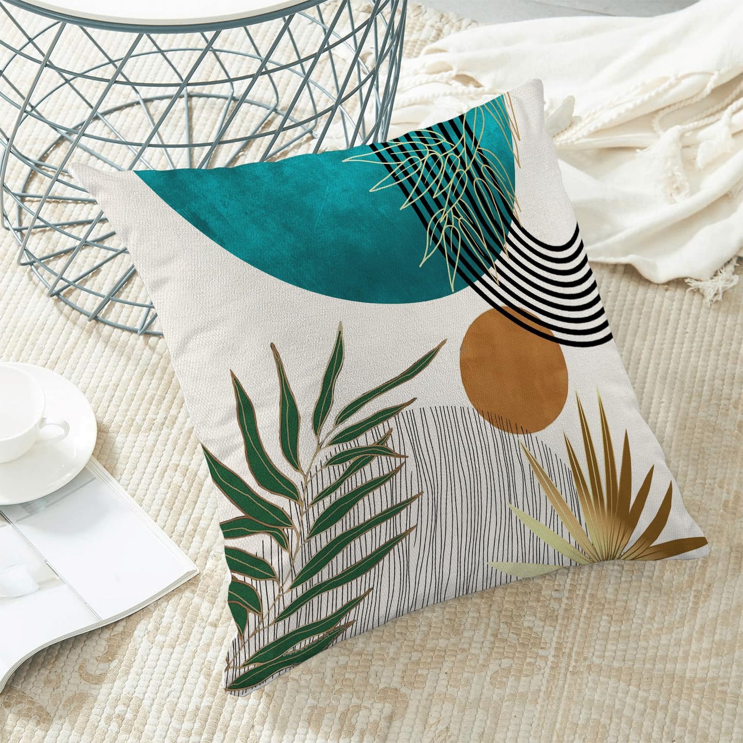 Boho Pillow Covers 20x20 Inch 2 Pcs,Aqua Teal Green Gold Tropical Leaf Summer Outdoor Decorative Throw Pillows,Mid Century Abstract Farmhouse Decor Pillowcase Linen Cushion Cover for Couch Sofa