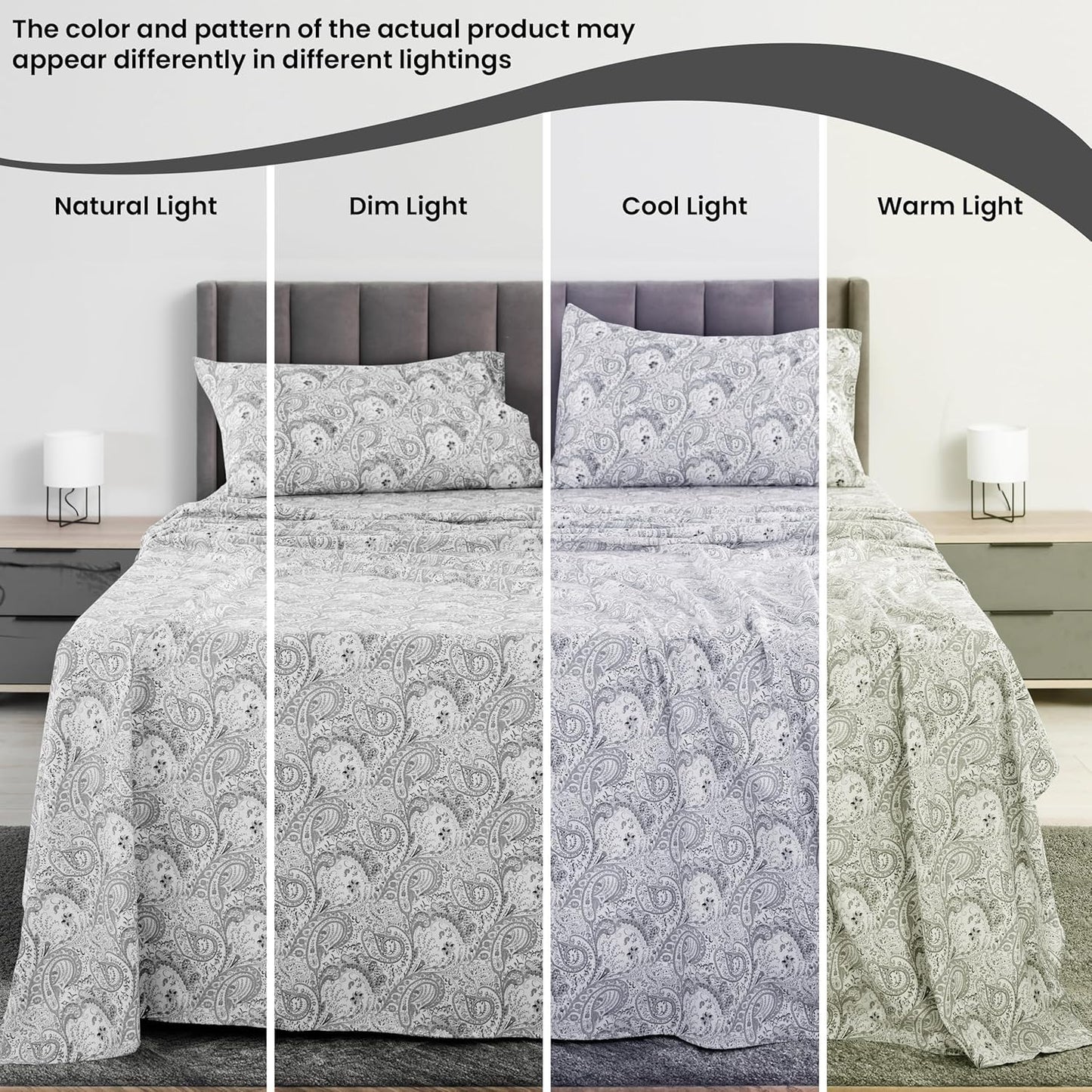 Ultra Soft Wrinkle-Free Microfiber Paisley Twin XL Sheet Set, Cute Floral Pattern Boho Print – 16" Deep Pocket Fitted Sheet, Flat Sheet & 2 Pillowcases, Breathable, OEKO-TEX - White/Grey