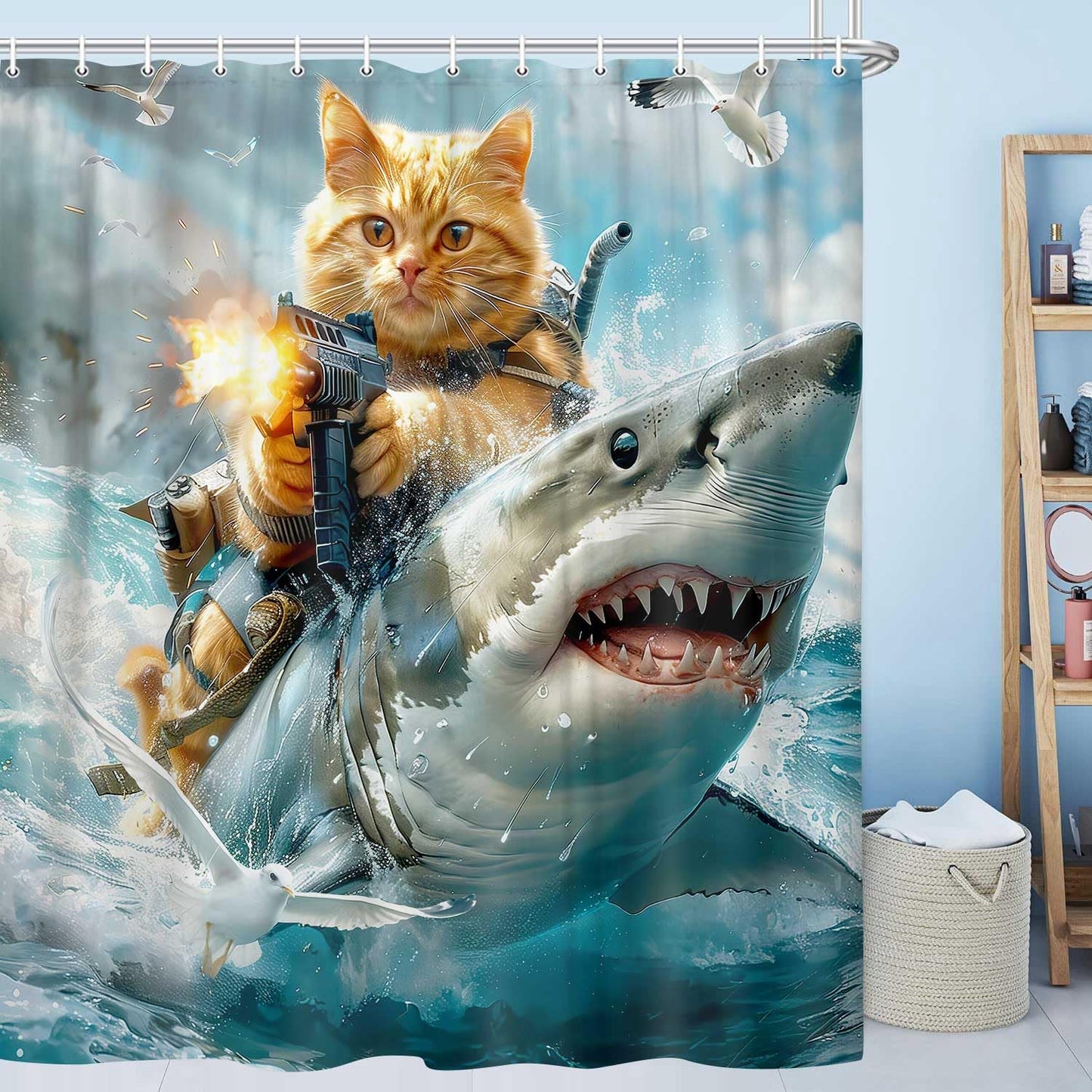 JAWO Funny Cat Shower Curtain, Riding Shark Theme Ocean Nautical Kids Bathroom Decor, Cute Cool Cat Fabric Curtain With Hooks, 70x70IN