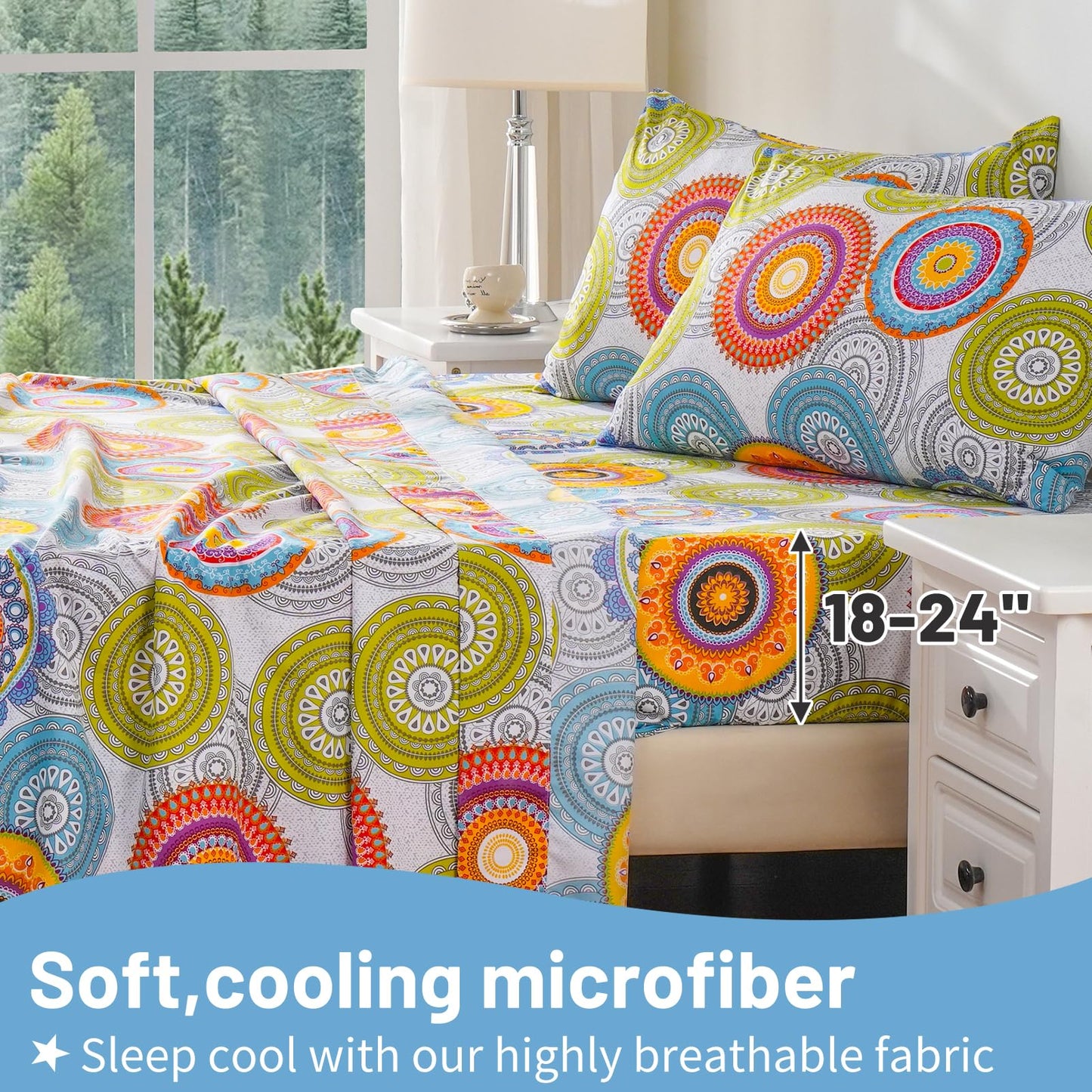 Bedlifes Queen Size Extra Deep Pocket Sheet Sets - Fits Mattresses Up to 18-24" Thick, 4-Piece Microfiber Set with 1800 Thread Count, Soft, Smooth, Breathable, Featuring Mandala Patterned