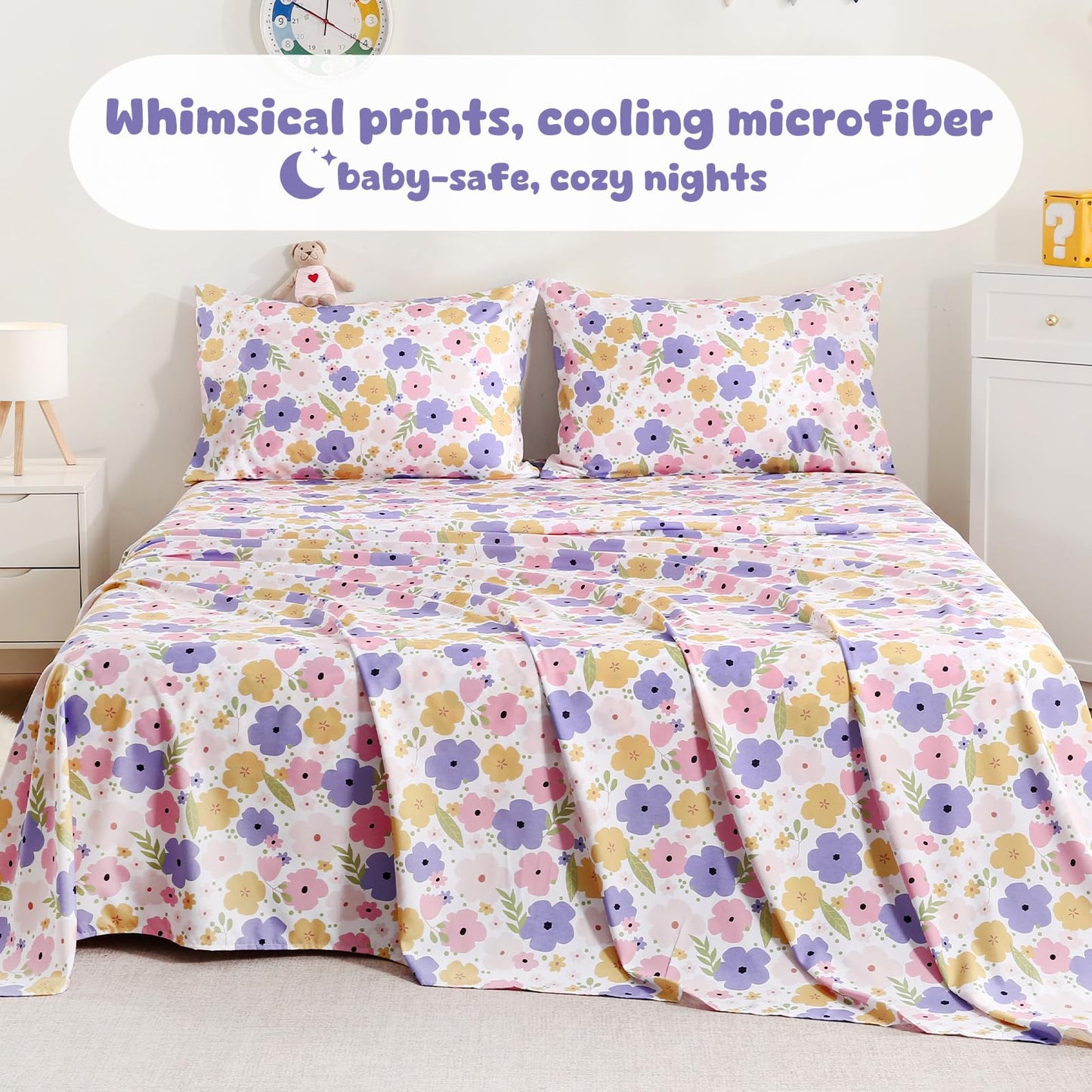 LONAVA Twin Sheet Set Kids - 3 Pieces Soft Microfiber Cartoon Style Bedsheets for Boys Girls Teens, Oeko TEX, Breathable Deep Pocket Sheets, (Flower)