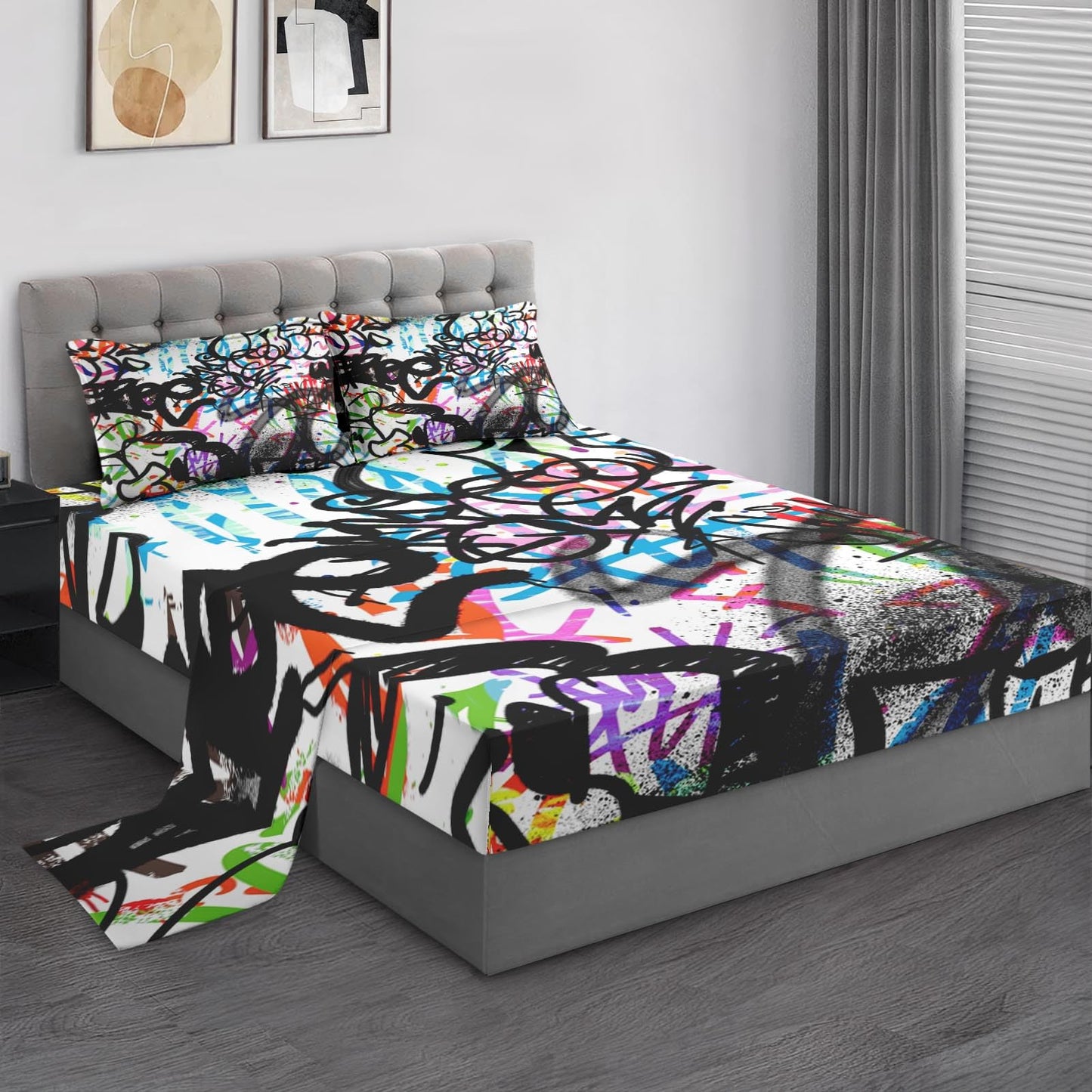 Pamnest Full Size Bed Sheet Sets, Urban Skateboard Soft Microfiber 4 Pcs Bedding Sets for Kids and Adults Bedroom Bed Decor, Music Abstract Graffiti Flat, Fitted Sheet and 2 Pillowcases