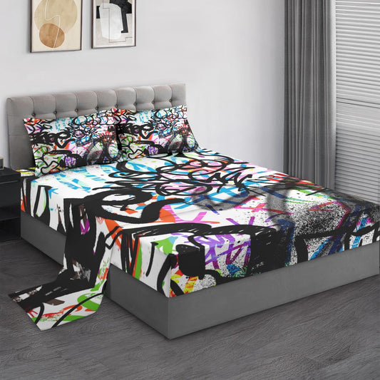 Pamnest Full Size Bed Sheet Sets, Urban Skateboard Soft Microfiber 4 Pcs Bedding Sets for Kids and Adults Bedroom Bed Decor, Music Abstract Graffiti Flat, Fitted Sheet and 2 Pillowcases