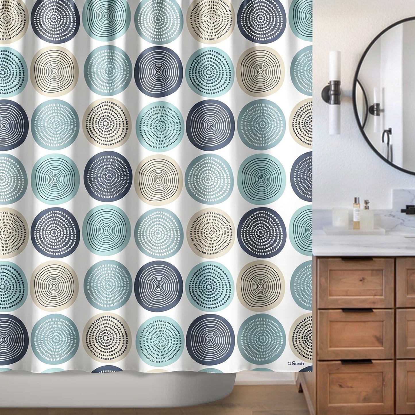 Sunlit Abstract Tree Rings Woody Artistic Fabric Shower Curtain. Nature Pale Blue Teal Beige Light Brown
