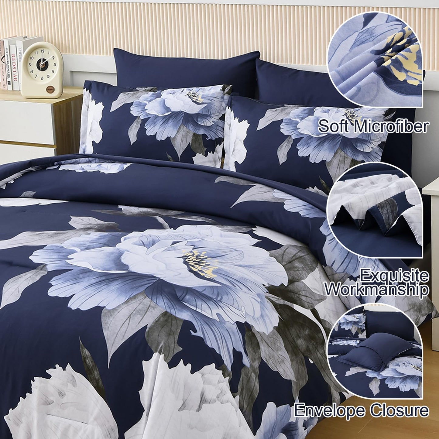 Dobuyly Navy Blue Comforter Set Queen Size 7 Piece Bed in a Bag, Floral Comforter Set with Sheets, Soft Microfiber Botanical Flowers Complete Bedding Set for All Season