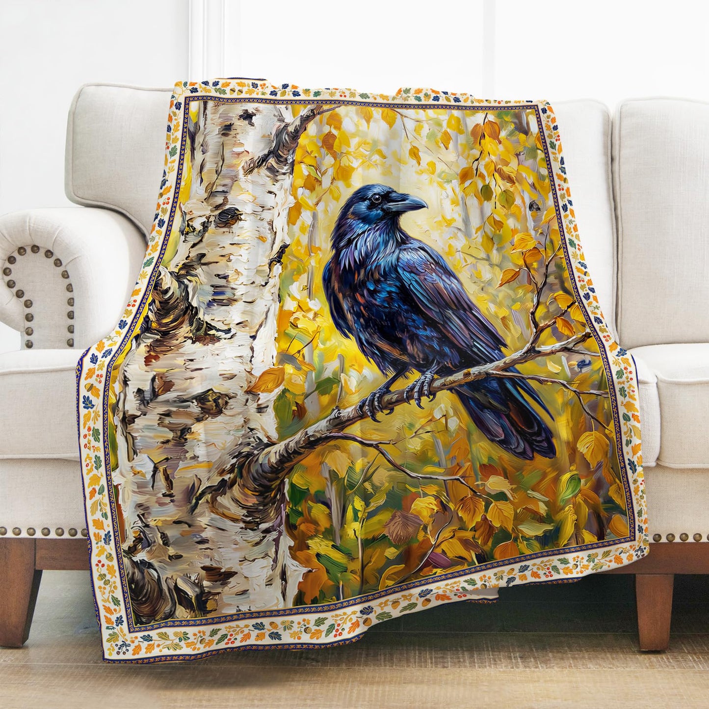 LevensWoodland Oil Painting Autumn Raven Flannel Throw Blanket 50x60 | Soft Lightweight Cozy Decorative Blanket for Gift, Living Room, Couch, Dorm, Office, Car, Camping, Nap
