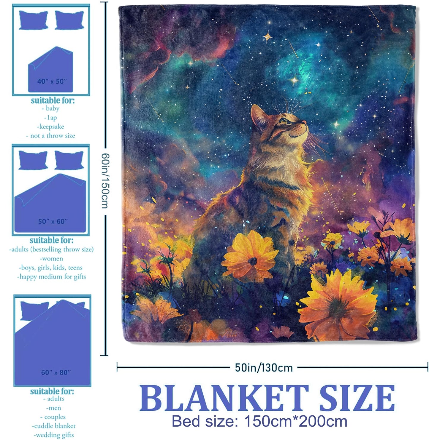 Plistiz Galaxy Cat Throw Blanket for Women Girls Boys, Soft Flannel Blankets Gifts for Living Room Couch, Home, Sofa Decor, 50"x60"