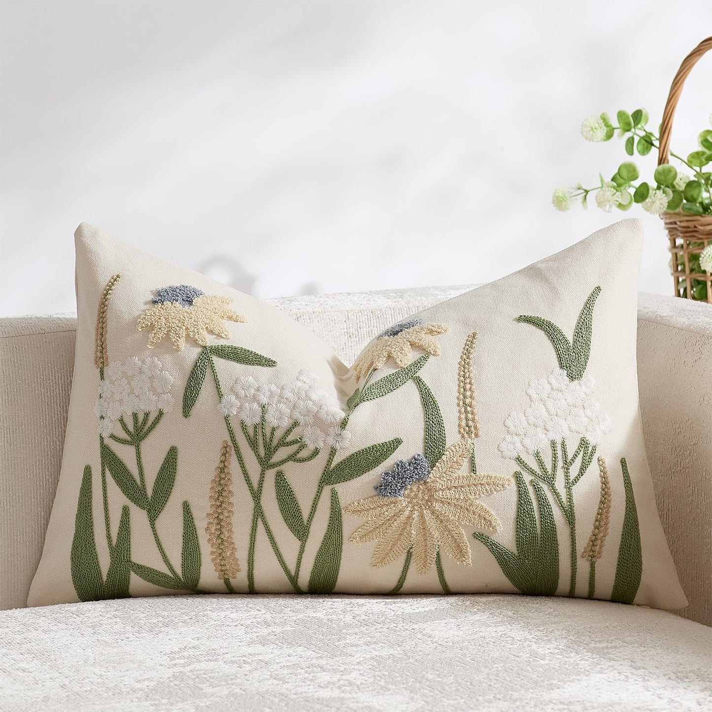 DEZENE Floral Embroidered Decorative Lumbar Pillow Cover 12x20 Spring Summer Boho Cute Accent Throw Pillow Cover for Living Room Couch Bedroom Sofa Home Decor