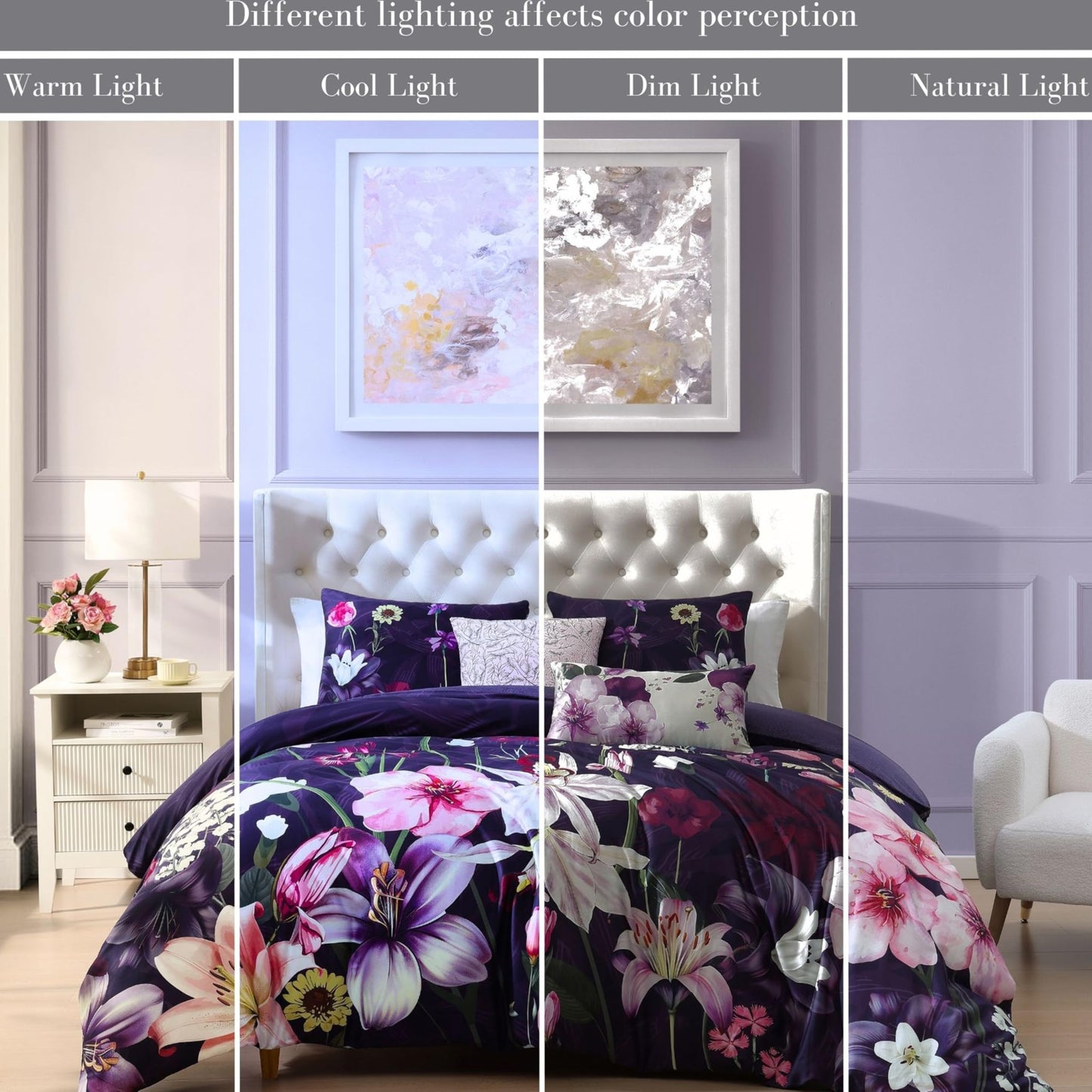 Bebejan Morning Glory 5 Piece Comforter Set, 100% Cotton Sateen, 220 Thread Count, Purple Floral Reversible Bedding Comforter Set, 1 Comforter, 2 Shams & 2 Pillows (King/Cal King)