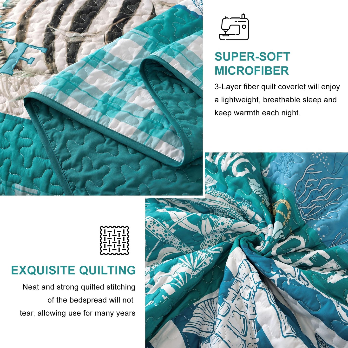 DJY Coastal King Size Quilt Set 3 Piece,Summer Beach Bedspread Coverlet Lightweight Green Ocean Theme Plaid Patchwork Bedding Set with Shams,Reversible Microfiber Comforter Set for All Seasons