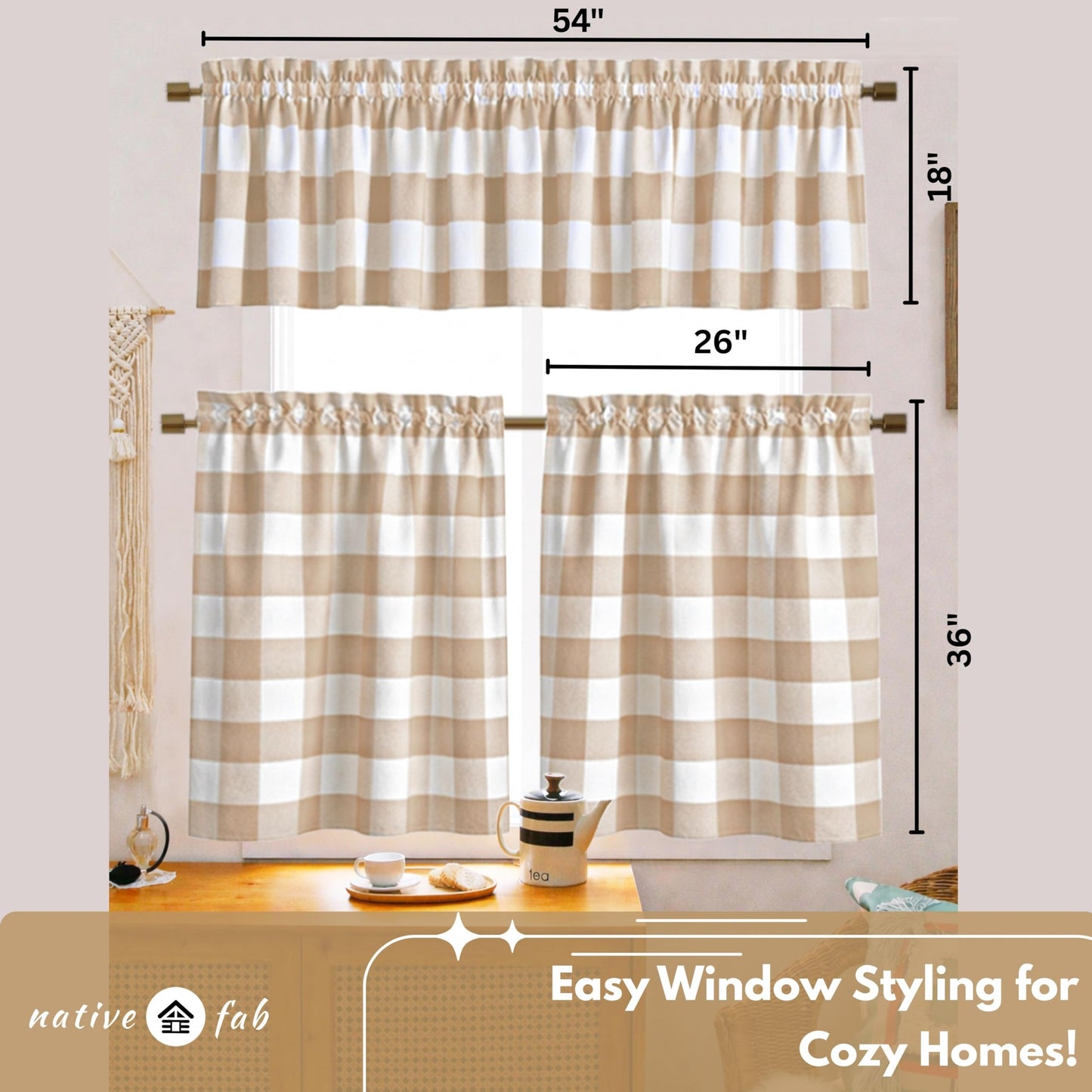 Native Fab Beige Buffalo Check Window Curtains, 3 Piece Cotton Tier and Valance Set, 2 Tiers 26x36 Inch and Valance 54x18 Inch, Rod Pocket Curtains for Living Room, Bedroom, Kitchen, Beige White