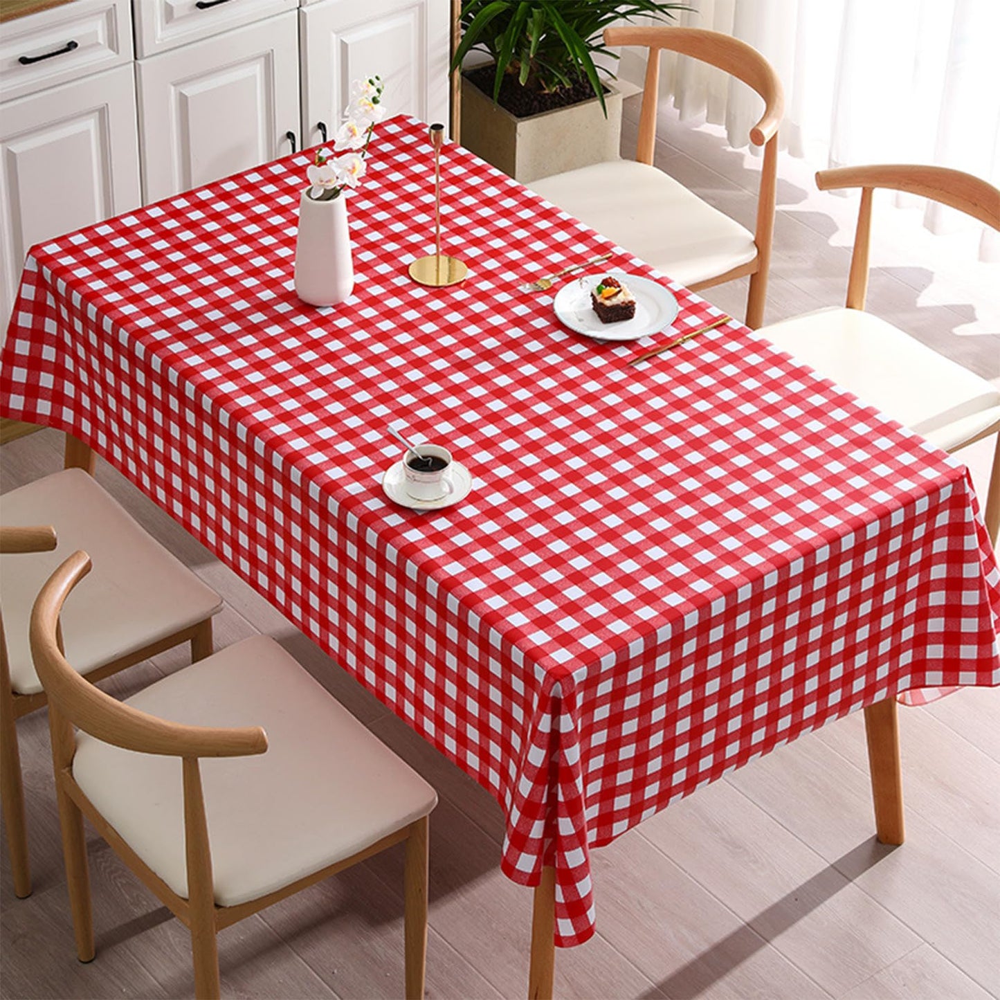 Qvthpv Waterproof PVC Tablecloth Rectangle 70"x55" - Oil Proof Heatproof Kitchen Table Cover with Soft Flannel Backing - Stain Resistant Everyday Dining & Holiday Decoration (red)