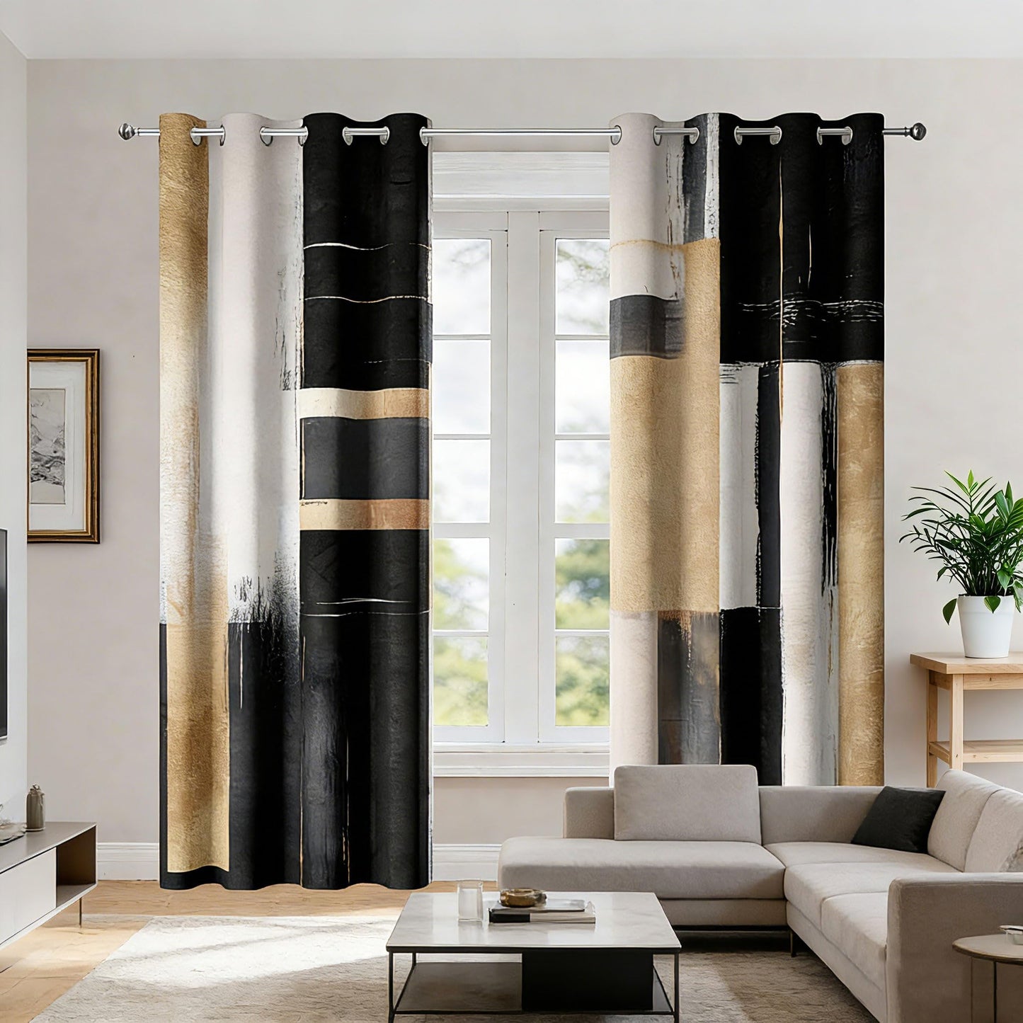 Xioistiy Black and Gold Abstract Blackout Curtains, Boho Modern Aesthetic Grommet Window Drapes, Beige Cream Tan Brown Oil Painting Neutral Art Curtain for Bedroom Living Room 2 Panels, 52"X84"