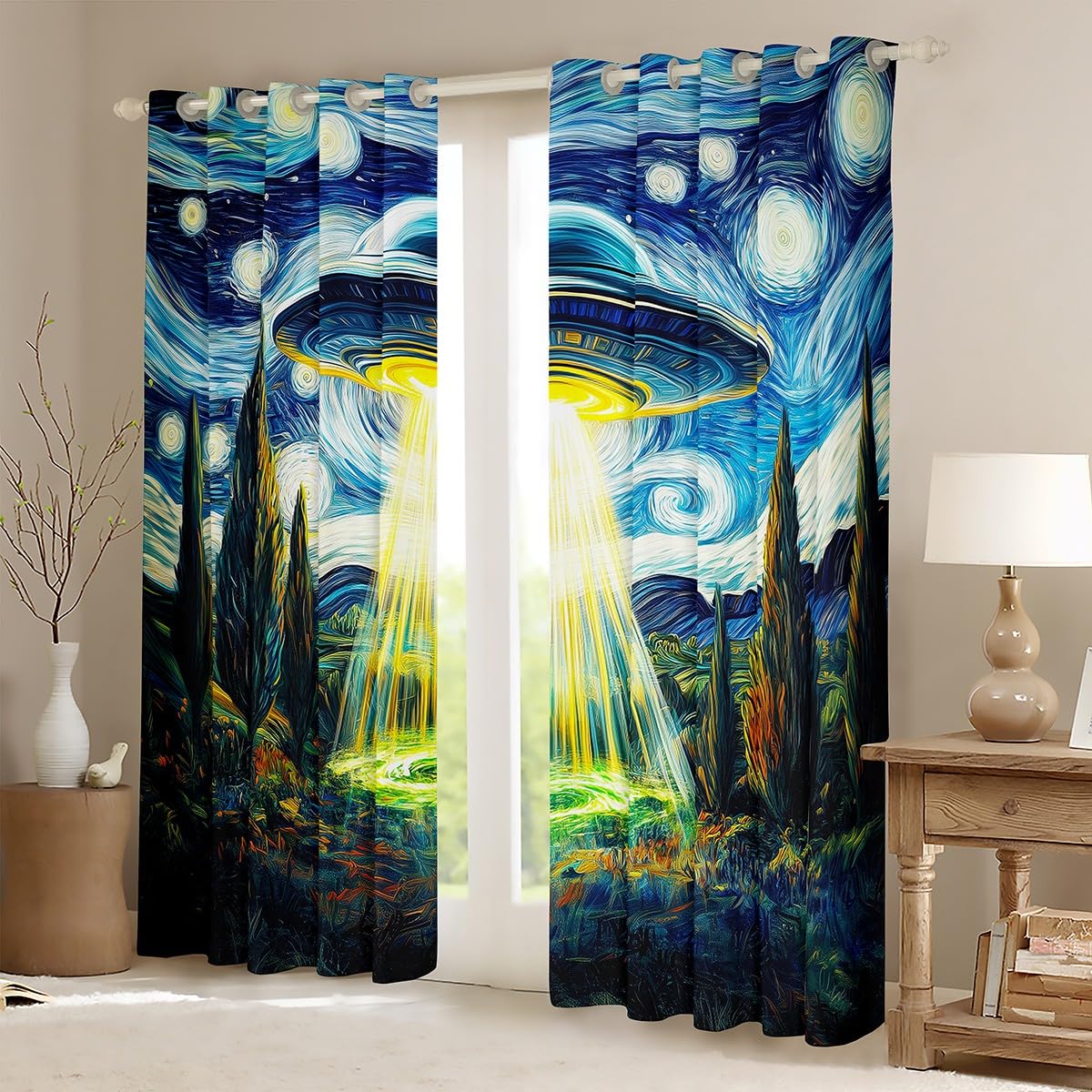 Feelyou Kids Spaceship Outer Space Curtains,Spaceship Window Curtains for Bedroom Living Room,Alien Spaceship Window Drapes,Oil Painting Art Blackout Curtains, 42W X 84L,2 Panels