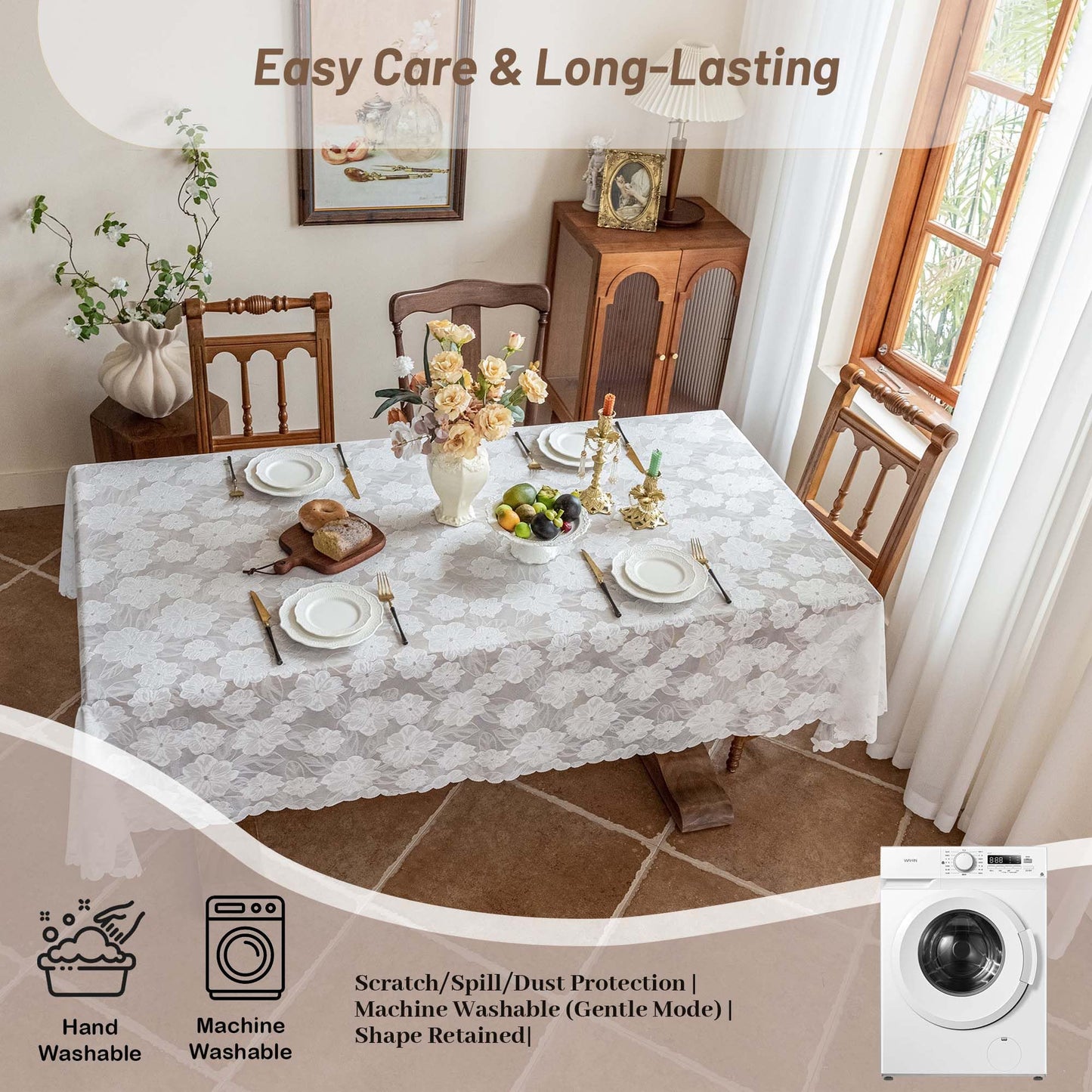 Floral Lace Cutout Rectangular Tablecloth Elegant Jacquard Lace Table Cover Romantic Farmhouse Tablecloth Decorative Dining Table Cloth for Kitchen, Dining Room, Wedding, Party (Camellia, 55''x86'')
