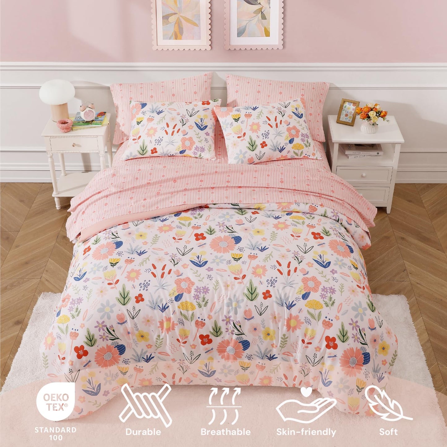 BLOOMHAVEN Twin XL Comforter Set for Girls, 5 Pieces Pink Bedding Set with Pastel Flower, All Seasons Kids Twin Comforter Set with Sheets, Pillowcase & Sham