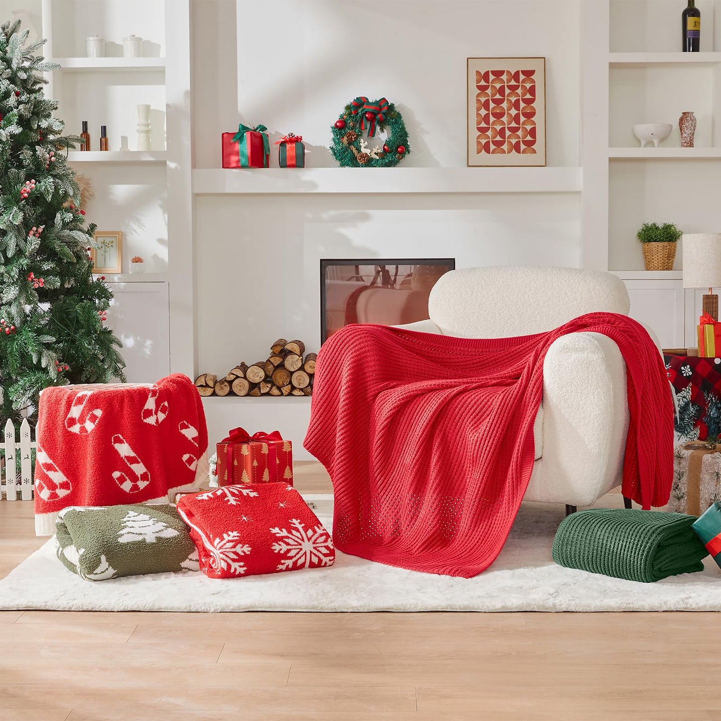 Douceur Christmas Candy Cane Throw Blanket, Ultra Soft Red Fluffy Festival Blanket, Reversible Cozy Decorative Blanket for Bed Couch Sofa, Super Soft Indoor Living Room Plush Throws, 60"X80"