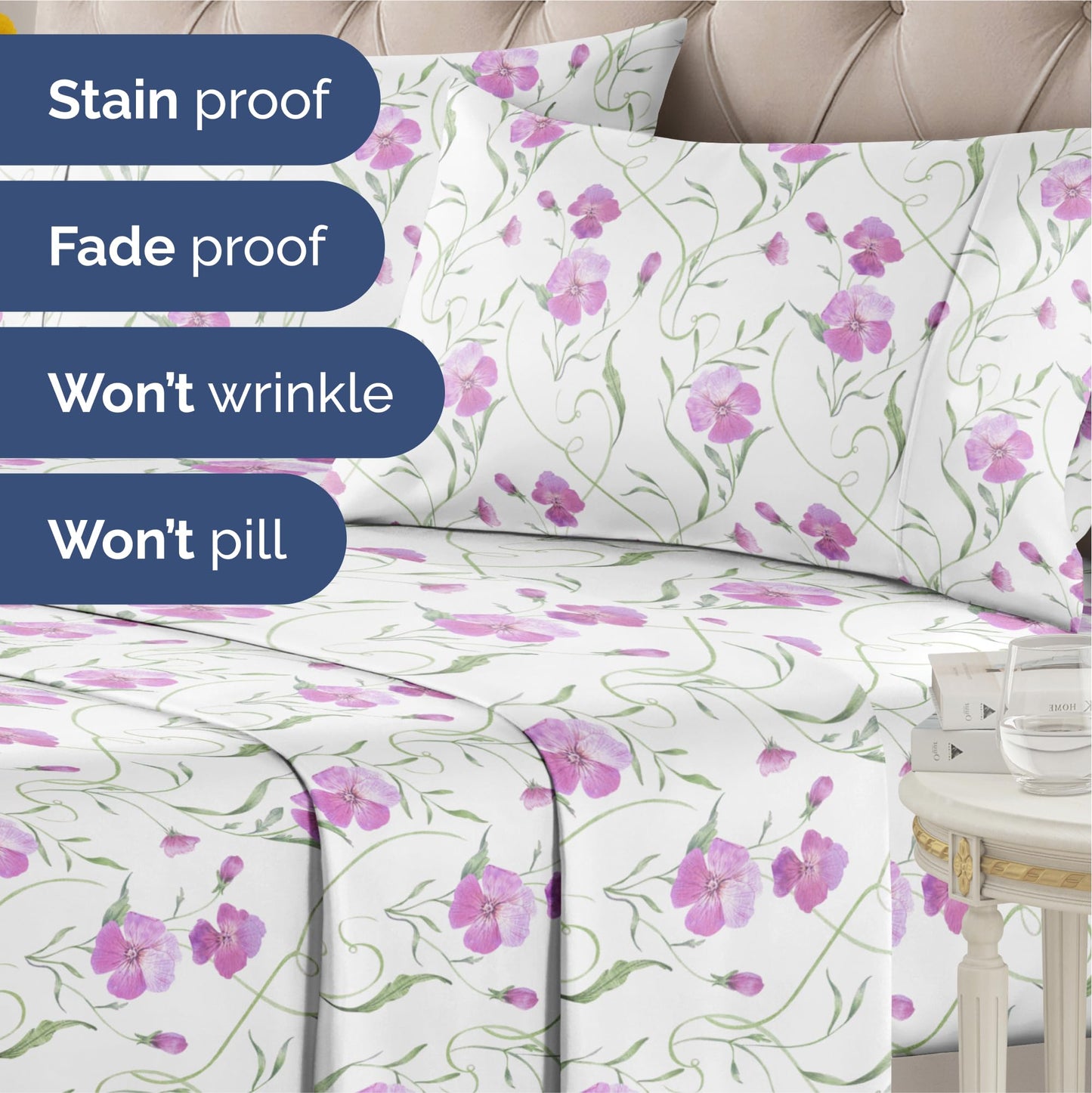 Floral Sheets - Pink Floral Bed Sheet Set - 1 Flat, 1 Fitted & 2 Pillowcases w/ Deep Pockets - Comfy, Wrinkle & Fade Free - Boho Botanical Bedding - Ultra-Soft, Breathable & Cooling - Queen Size Set