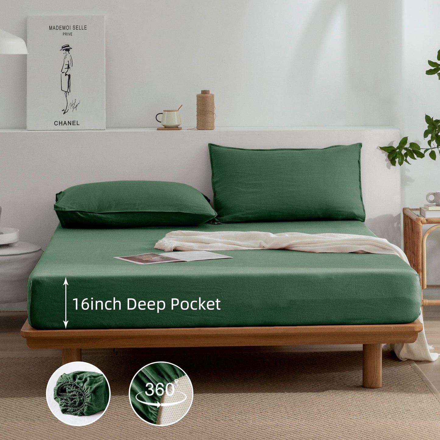 EVERLY Linen Twin Size Sheets Set,100% French Washed Pure Linen Bed Sheets Deep Pocket Sheets,3Pieces(1Flat Sheet,1Fitted Sheet,1Pillowcase) Suitable for Hot Sleepers,180GSM Dark Green Bedding Set