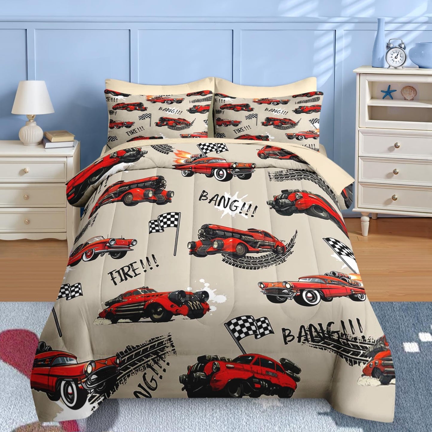 Nesker 5 Pcs Car Comforter Set Twin Size, Rad Race Car Boys Bedding Brown Black Bed in a Bag for Kids and Adults, Retro Cool Truck Bed Sheet Sets with Fitted Sheet Pillowcases & Shams