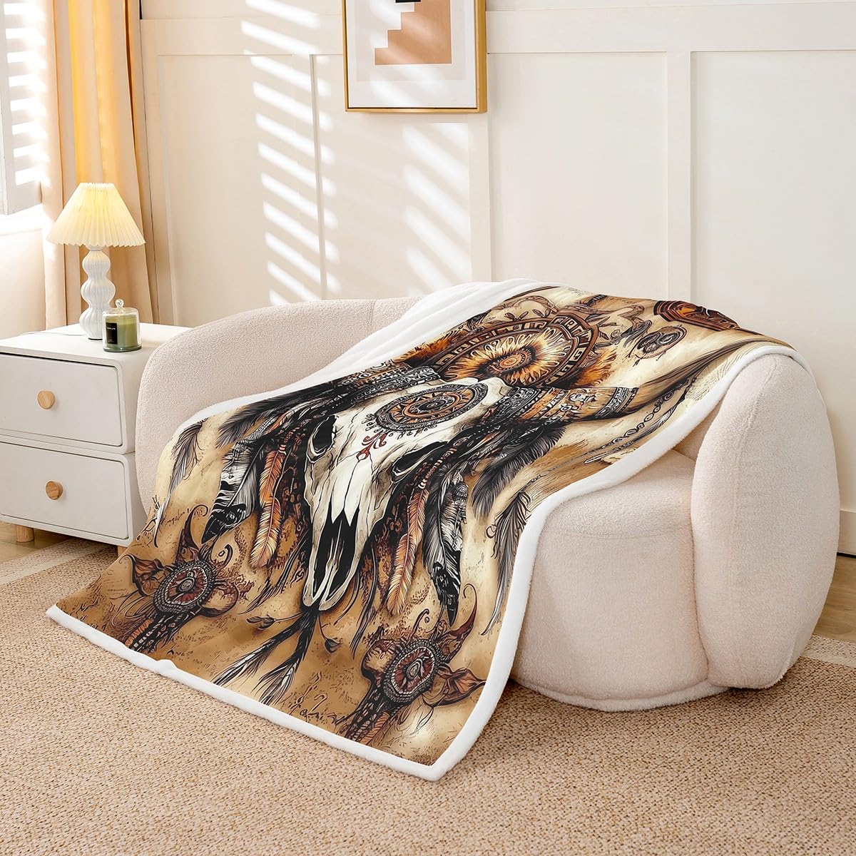 Cow Skull Fleece Blanket Gothic Sherpa Blanket 90"x90", Ethnic Tribal Southwestern Western Exotic Native American Fuzzy Plush Throw