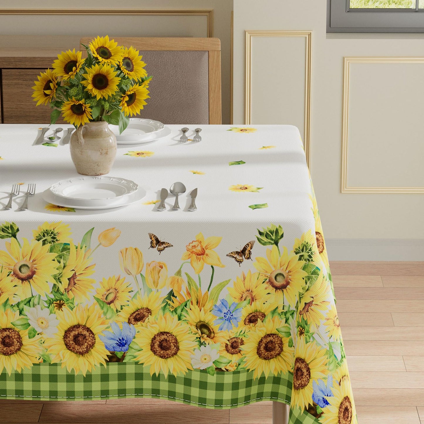 XCHI Plaid Sunflower Butterfly Summer Tablecloth Rectangle Table Cloth Table Covers for Indoor Dining Home Party Decorations 60x84 Inch