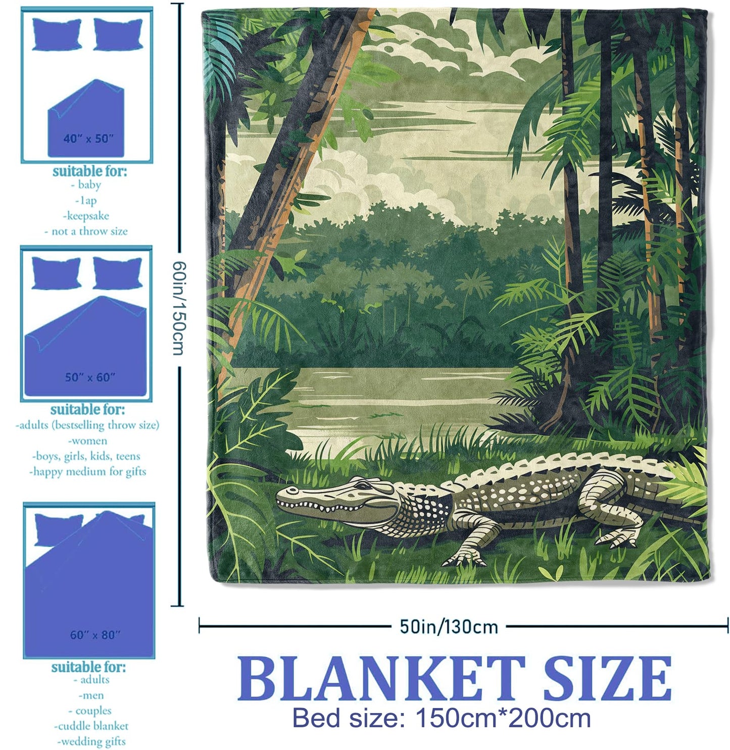 Plistiz Jungle Alligator Throw Blanket for Women Girls Boys, Soft Flannel Blankets Gifts for Living Room Couch, Home, Sofa Decor, 50"x60"