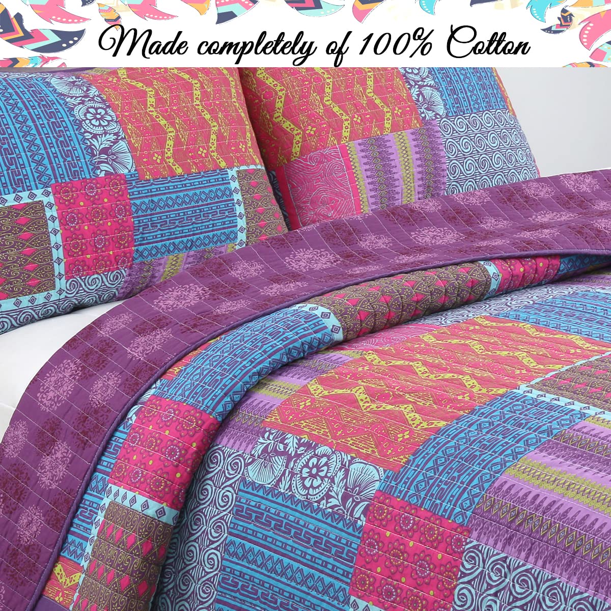 Cozy Line Home Fashions 100% Cotton Artsy Bohemian Purple Blueberry Fuchsia Patchwork Reversible Quilt Bedding Set, Coverlet Bedspread for All Seasons (Boho Chic, King - 3 Piece)