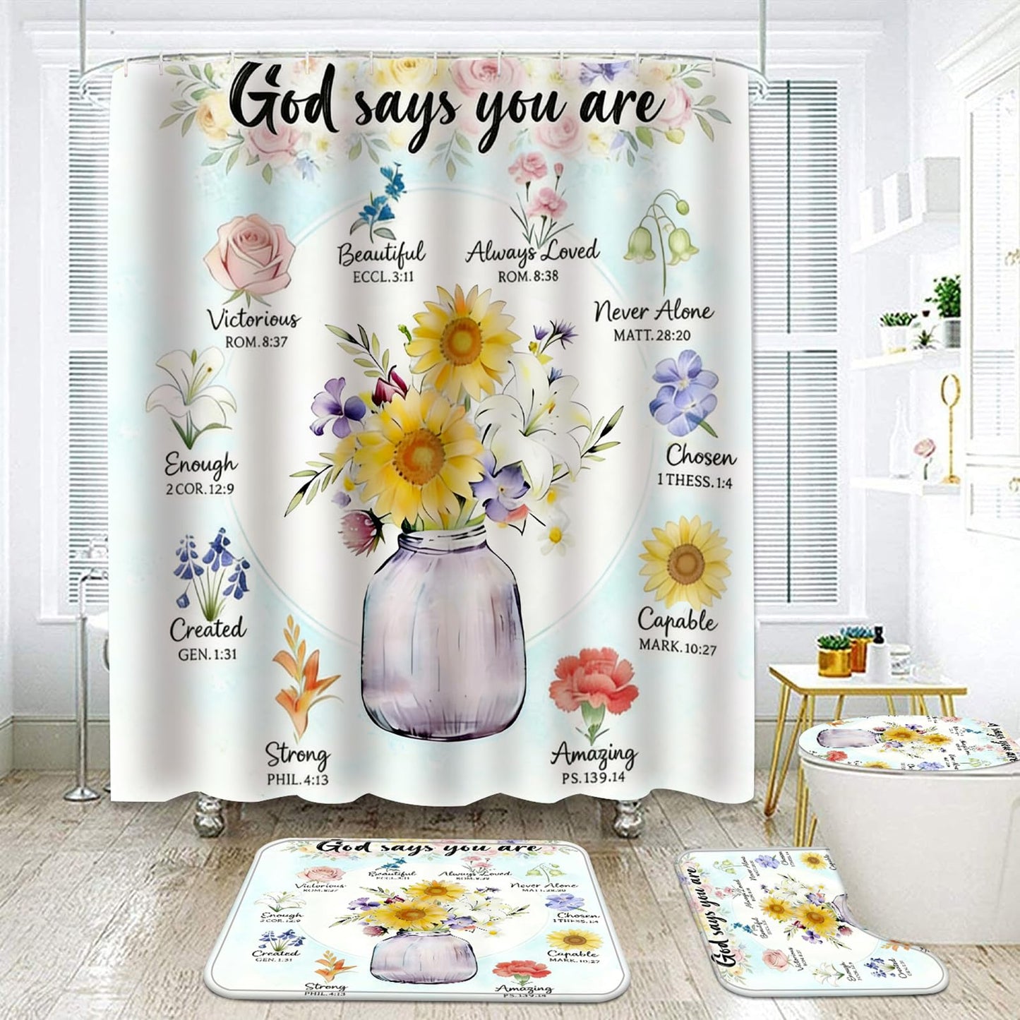 NEWSUYAA 4 Pcs Sunflower Floral Shower Curtains, God Says You are Christian Bathroom Set with Non-Slip Rugs, Inspirational Bible Verse Bath Decor Gift, Waterproof Flowers Curtains with Hooks (Teal)