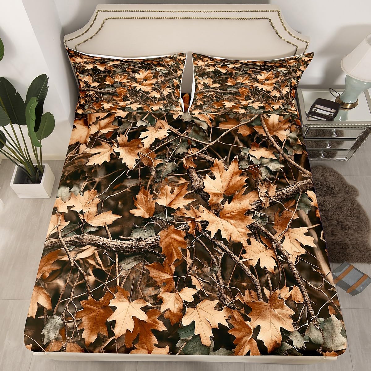 Camoflage Kids Fitted Sheet Twin Size,Jungle Woods Fall Leaves Rustic Nature Bedding Set,Boys Girls Room Decor,Hunter Cabin Adventure Camo Bed Cover,Brown Bed Sheet,1 Pillowcase(No Top Sheet)