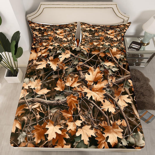 Camoflage Kids Fitted Sheet Twin Size,Jungle Woods Fall Leaves Rustic Nature Bedding Set,Boys Girls Room Decor,Hunter Cabin Adventure Camo Bed Cover,Brown Bed Sheet,1 Pillowcase(No Top Sheet)