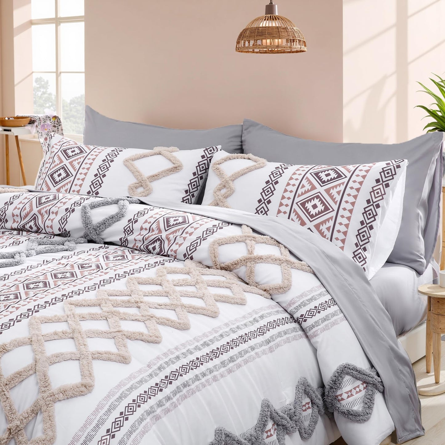 MOVE OVER Tufted Bed in A Bag Queen Size Gray and Cream Tufted Comforter Set 7 Pcs Diamond Grid and Boho Aztec Pattern Bedding Set Aesthetic Farmhosue Bedding Set for All Season