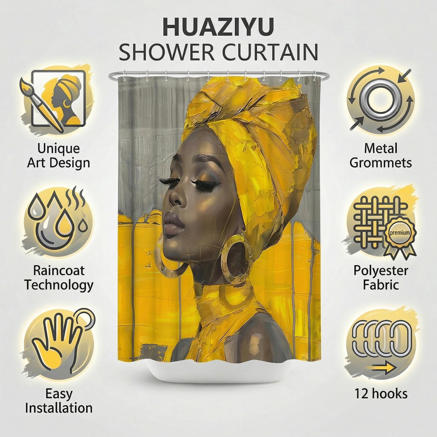 HUAZIYU Golden African Women Art Shower Curtain Set, Grey Yellow Fabric