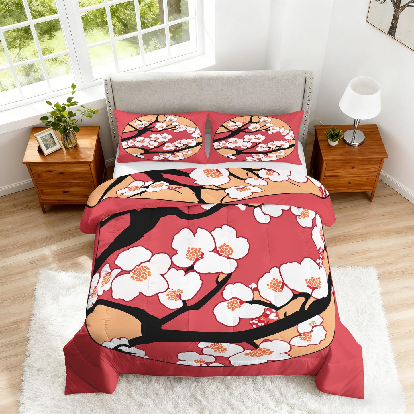 ZDABAOEC Japanese Cherry Blossom Twin Comforter Set 2 Piece, 1 Pillow Sham, Oriental Asian Japan Style Reversible Down Alternative All Season Bedding, Soft Microfiber, Japanese Bedroom Decor