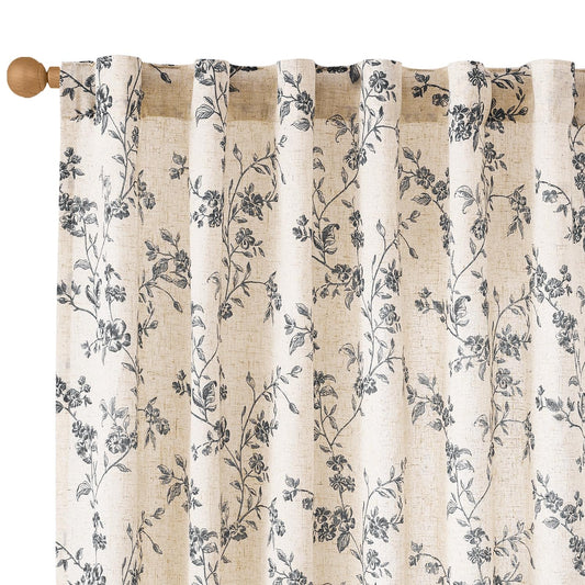 Lazzzy Farmhouse Linen Curtains Black Floral Curtains 84 Inch Length Back Tab Drapes for Living Room Bedroom Light Filtering Country Vintage Rod Pocket, 2 Panels, Black on Beige