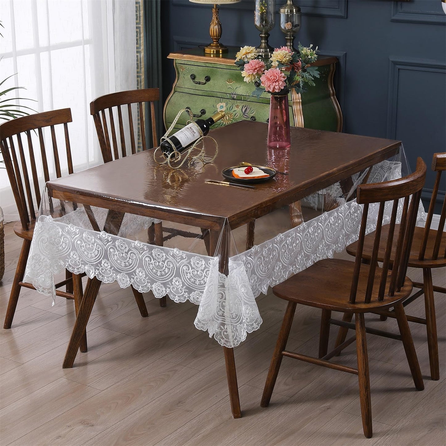 Clear Plastic Rectangle Tablecloth Vinyl Waterproof Table Cloth Embroidered Lace Edge Transparent Table Cover for Dining Kitchen Outdoor(52 x 70 inch, White)