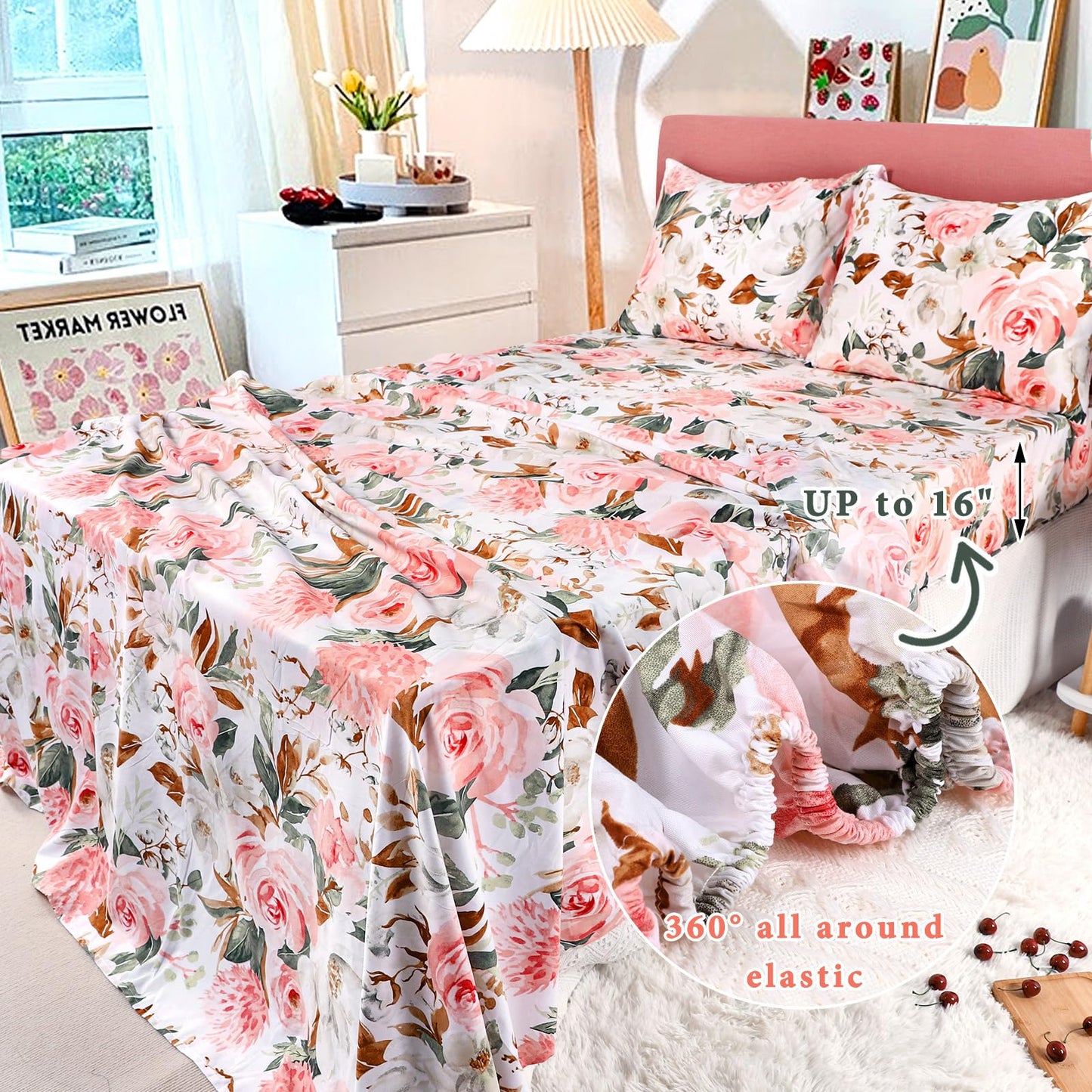 DILIMI Full Size Comforter Set for Girls, Reversible 5 Pieces Full Bedding Set, 5 Pieces Ultra Soft Pink Floral Full Size Bed Comforter Sets with Sheet, Comforter, Flat Sheet, 2 Pillowcase